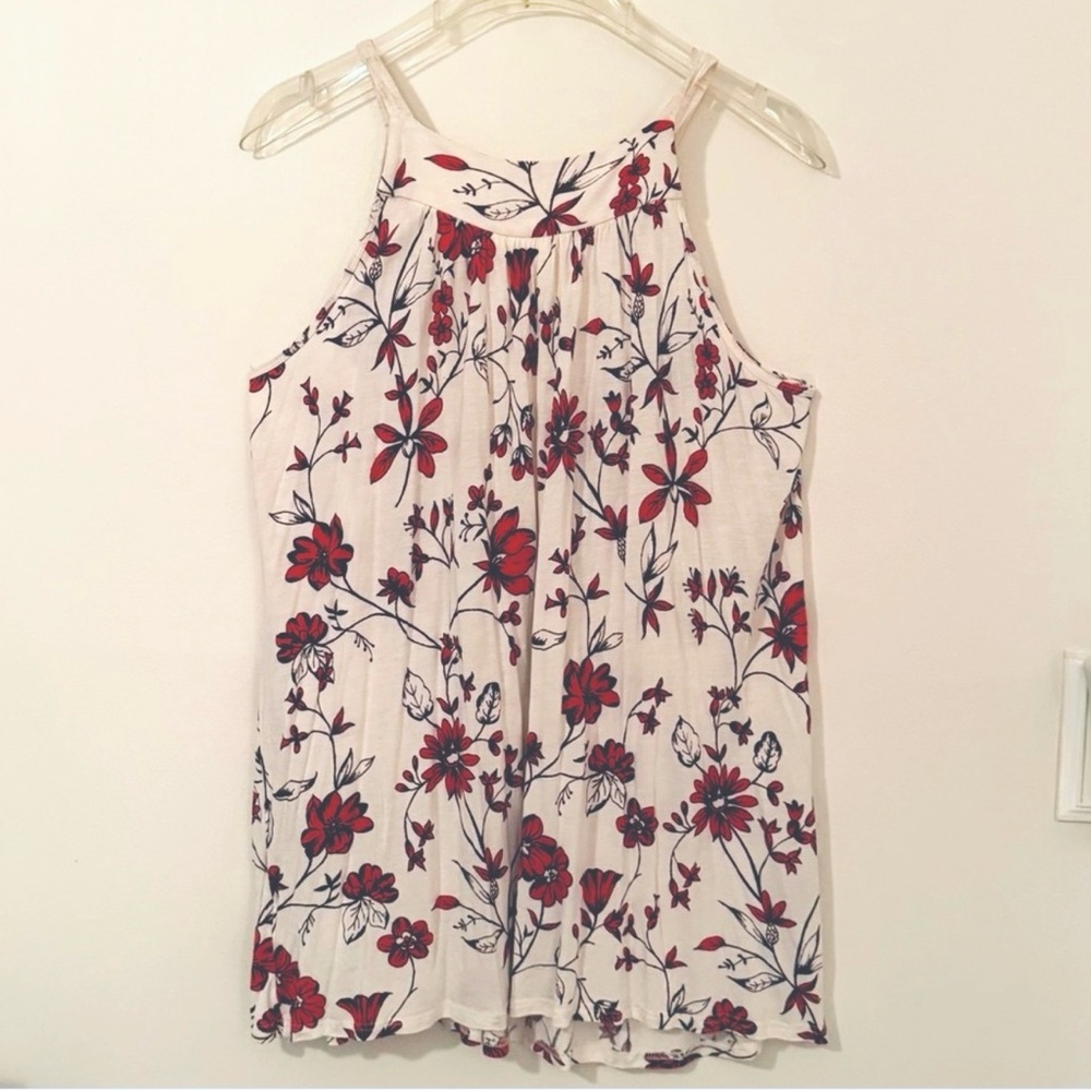 Romantic Floral Women's Top - Red and Cream, Sleeveless, Scuba Neck, M - Picture 5 of 6